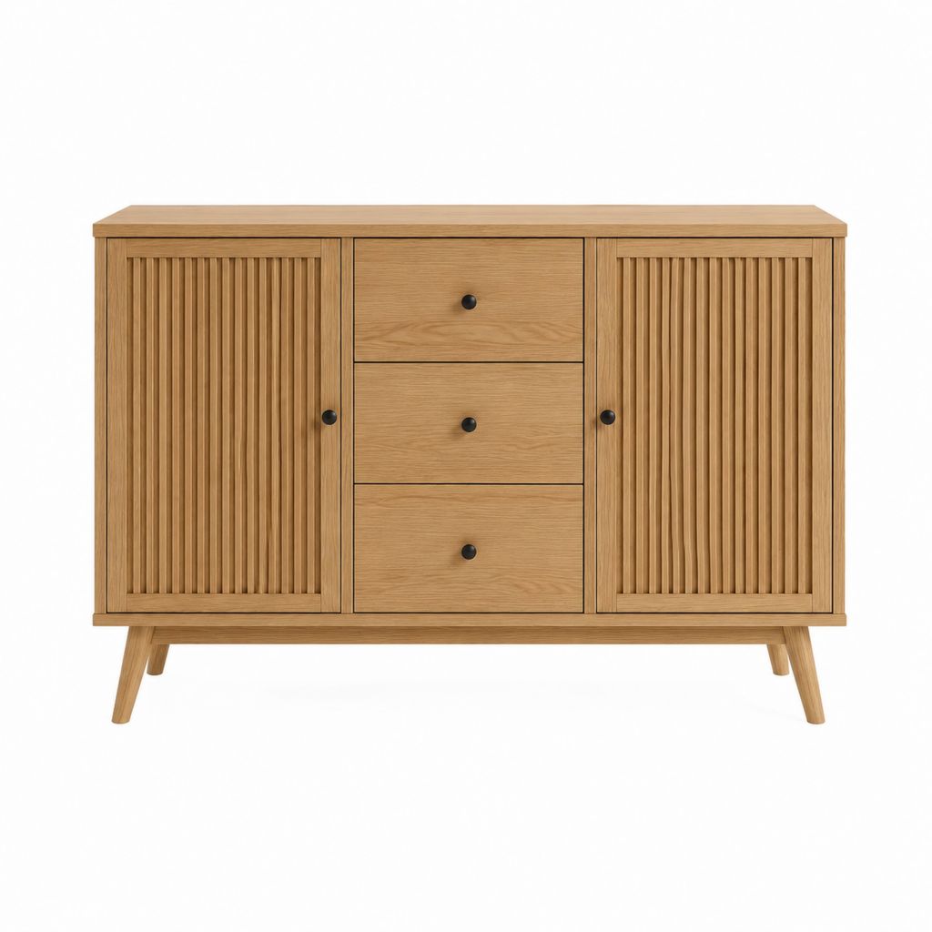 Buffet 2 portes 3 tiroirs chêne plaqué MDF rectangulaire 120 x 40 x 80 cm