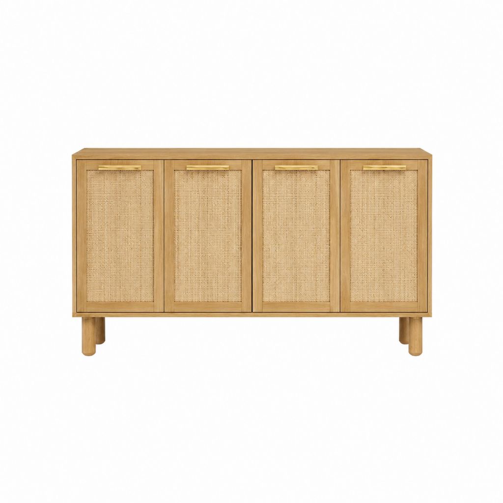 Buffet rectangulaire 4 portes en manguier massif naturel et rotin 160 x 40 x 80 cm