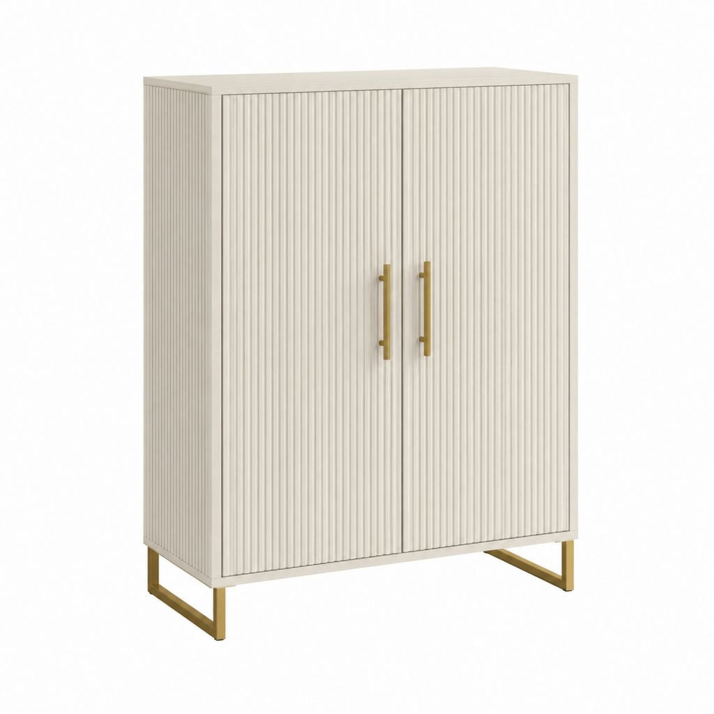 Buffet haut 2 portes blanc cassé en panneaux MDF rainurés 80 x 40 x 120 cm