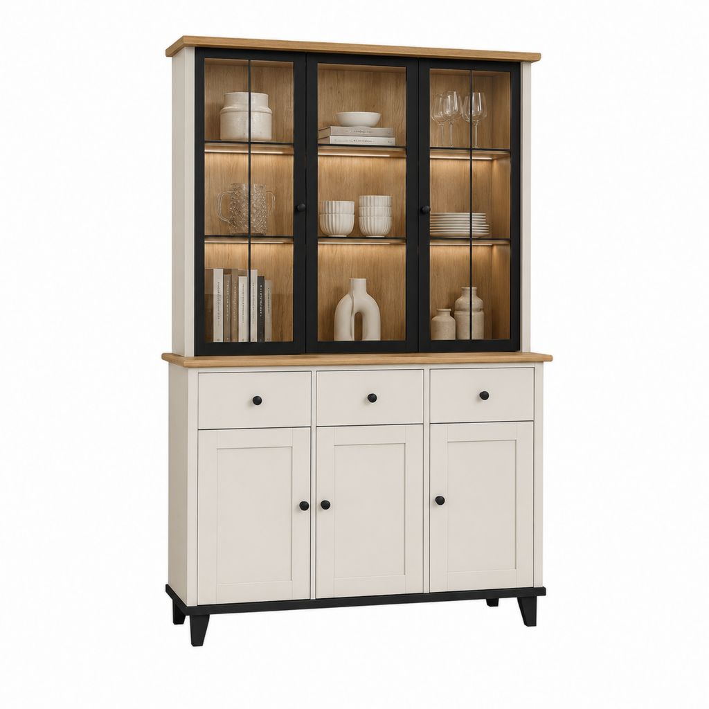 Buffet vaisselier 3 portes 3 tiroirs blanc cassé effet chêne avec vitrines en verre 120 x 40 x 190 cm