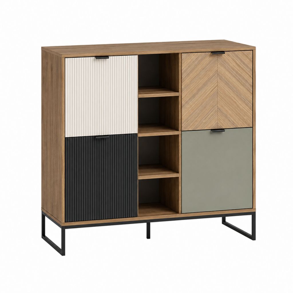 Buffet de rangement rectangulaire en panneaux de particules effet noyer blanc noir et vert 120 x 40 x 140 cm