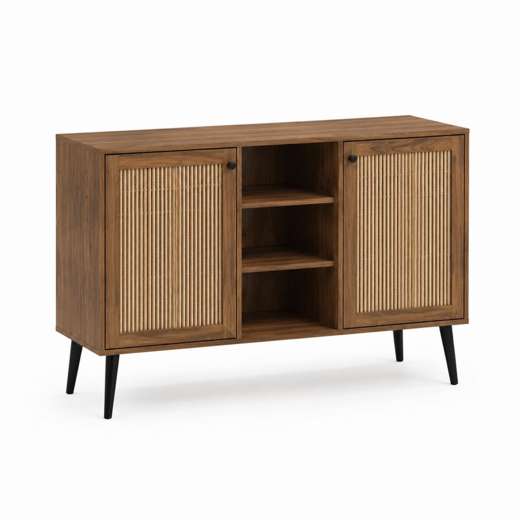 Buffet de rangement marron noyer en MDF plaqué noyer et rotin 120 x 40 x 80 cm