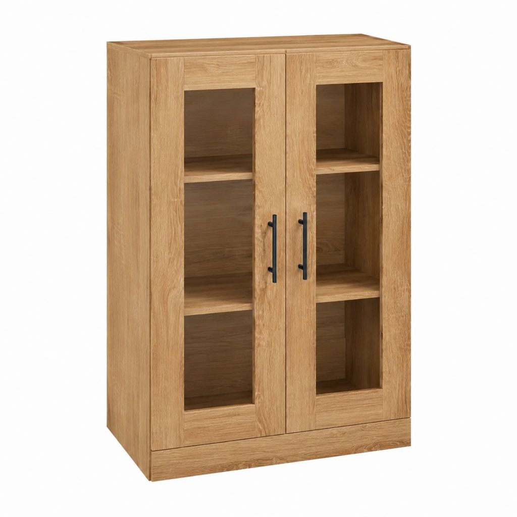 Buffet vitrine 2 portes chêne massif et verre 80 x 40 x 120 cm