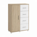 Buffet de rangement rectangulaire chêne clair et blanc en panneaux de particules mélaminés 80 x 40 x 120 cm avec 1 porte et 4 tiroirs