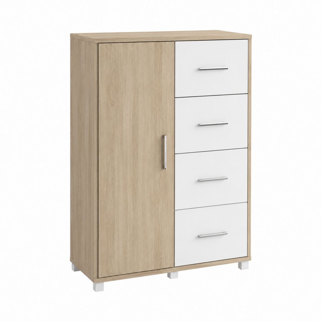 Buffet de rangement rectangulaire chêne clair et blanc en panneaux de particules mélaminés 80 x 40 x 120 cm avec 1 porte et 4 tiroirs