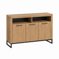 Buffet 3 portes avec niches décor chêne et acier noir 140 x 40 x 90 cm