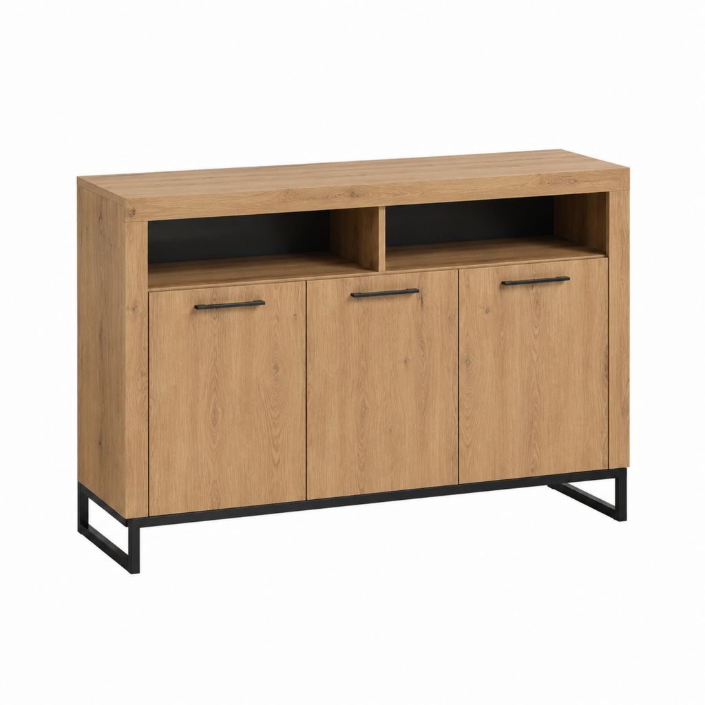 Buffet 3 portes avec niches décor chêne et acier noir 140 x 40 x 90 cm