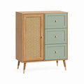 Buffet rectangulaire 1 porte 3 tiroirs vert sauge et chêne avec cannage en rotin 80 x 40 x 120 cm