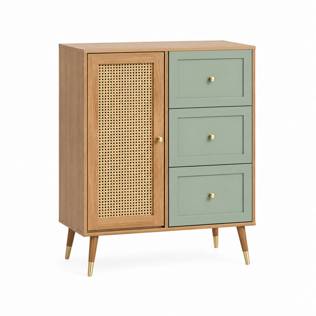 Buffet rectangulaire 1 porte 3 tiroirs vert sauge et chêne avec cannage en rotin 80 x 40 x 120 cm