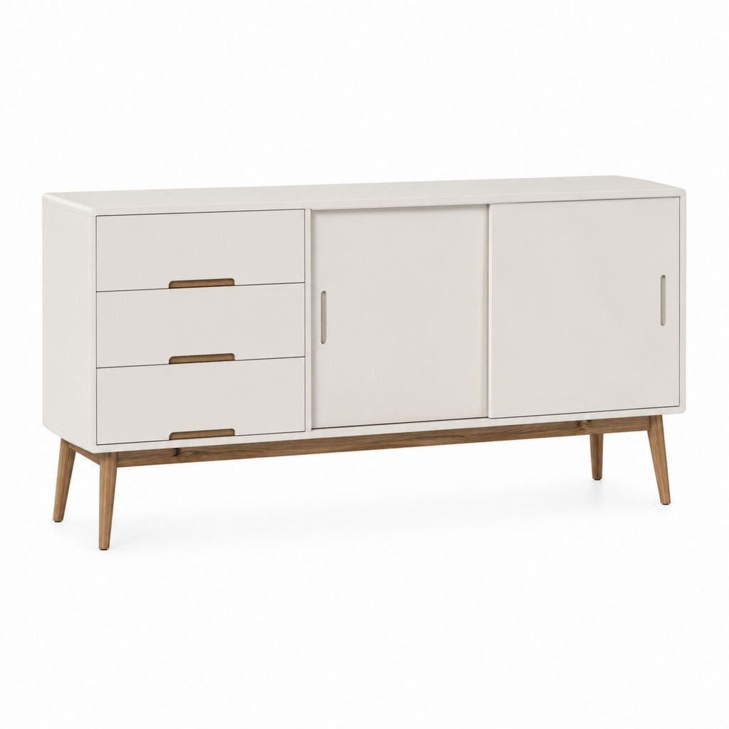 Buffet de salle à manger blanc et noyer en MDF 160 x 45 x 85 cm avec 3 tiroirs et 2 portes coulissantes