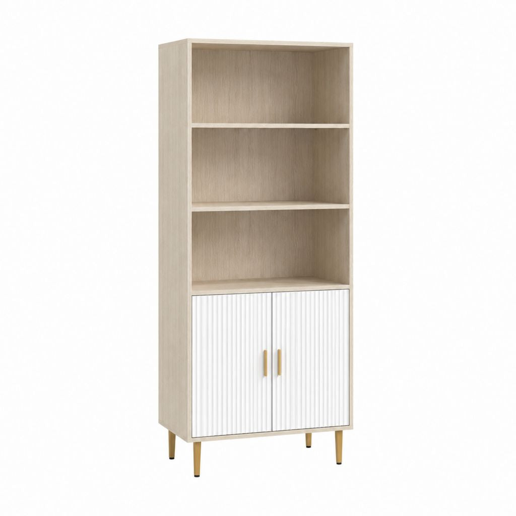 Buffet haut de rangement 80 x 40 x 180 cm blanc et chêne clair en panneaux de particules avec 3 étagères et 2 portes