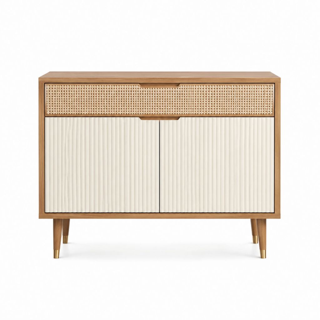 Buffet 2 portes et 1 tiroir rectangulaire beige et noyer en MDF et rotin 100 x 40 x 90 cm