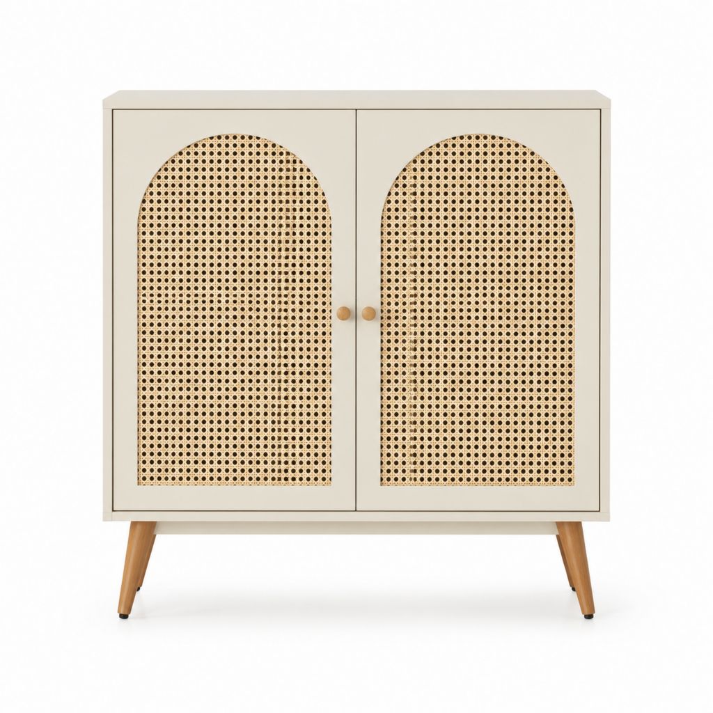 Buffet de rangement rectangulaire beige en MDF et cannage naturel 80 x 80 x 40 cm
