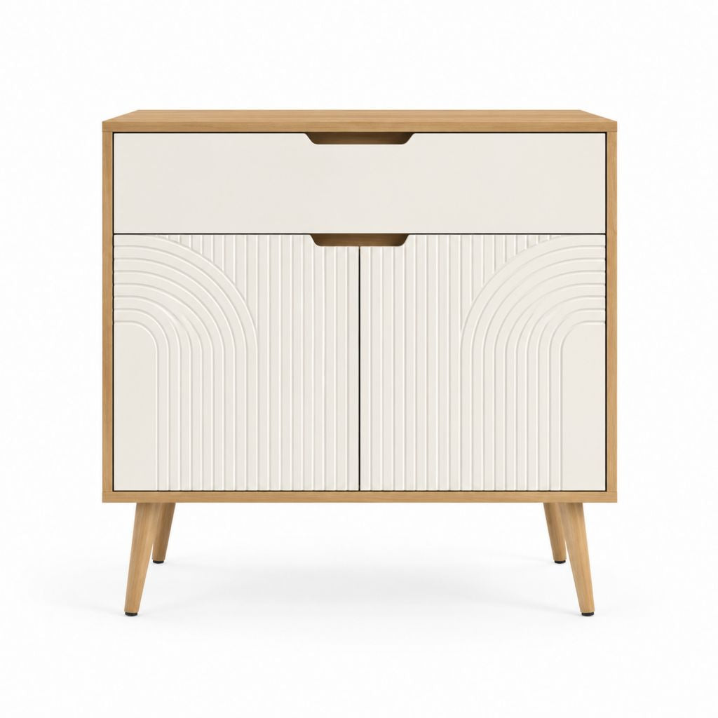 Buffet 2 portes 1 tiroir blanc et chêne en panneaux MDF rectangulaire 90 x 40 x 100 cm