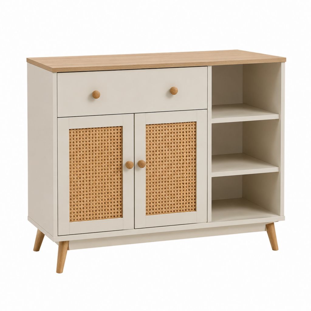 Buffet de rangement beige et chêne en MDF et rotin 100 x 40 x 90 cm