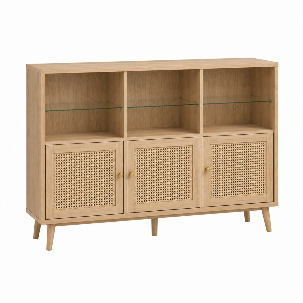 Buffet vaisselier 3 portes chêne clair cannage en rotin rectangulaire 160 x 40 x 120 cm