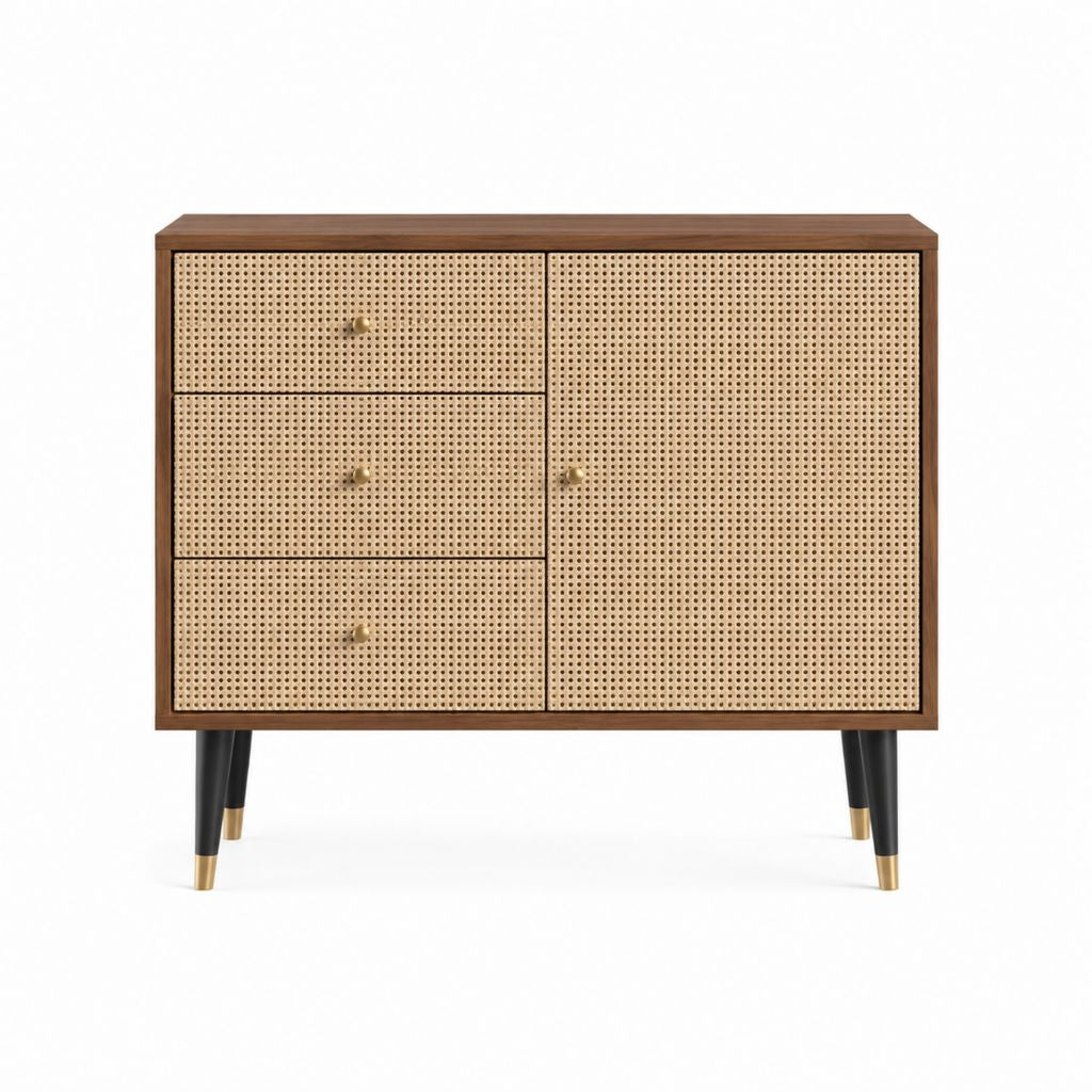 Buffet de rangement noyer et cannage en rotin 100 x 40 x 85 cm