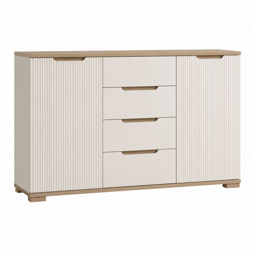 Buffet de rangement 2 portes 4 tiroirs beige et chêne en panneaux MDF rectangulaire 160 x 40 x 90 cm