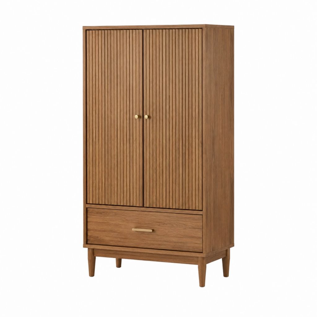 Buffet haut 2 portes avec tiroir marron noyer en MDF plaqué noyer rectangulaire 80 x 40 x 160 cm