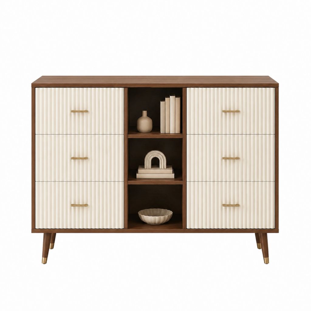 Buffet de salle à manger 6 tiroirs et 3 niches en MDF plaqué noyer crème 120 x 40 x 100 cm