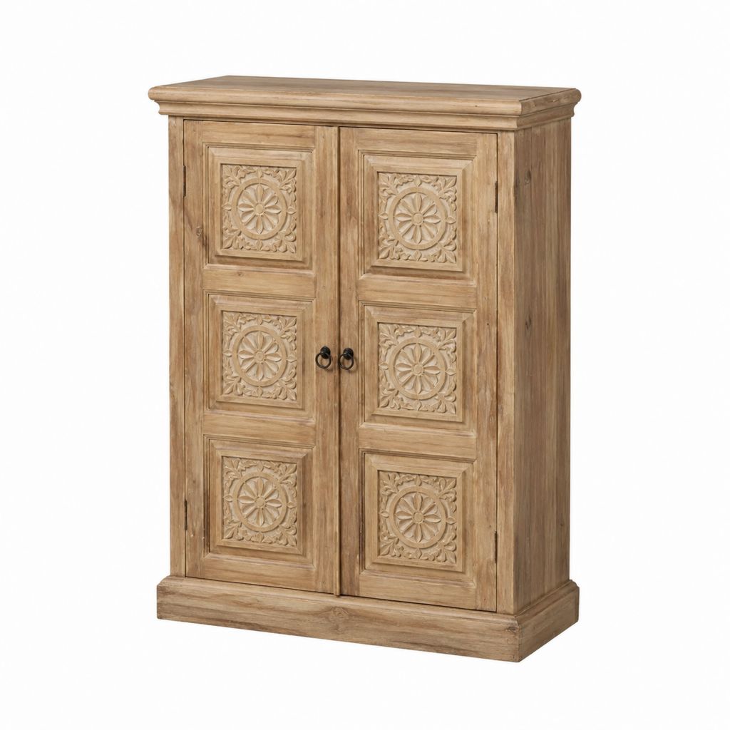 Buffet haut à 2 portes en bois massif de manguier naturel sculpté 100 x 45 x 150 cm